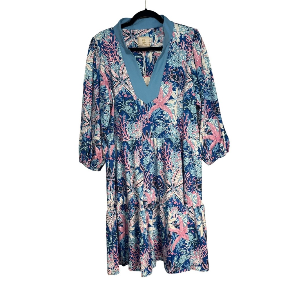 Simply Southern Reef Print Tiered Dress Blue Pink UPF 50+ XL Coastal Starfish - Picture 2 of 10